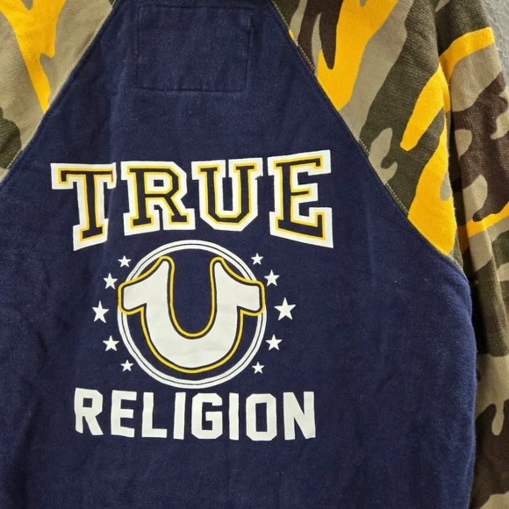 True Religion Men Sweatshirt Medium Blue Camo Terry‎ Hoodie Logo Pockets
